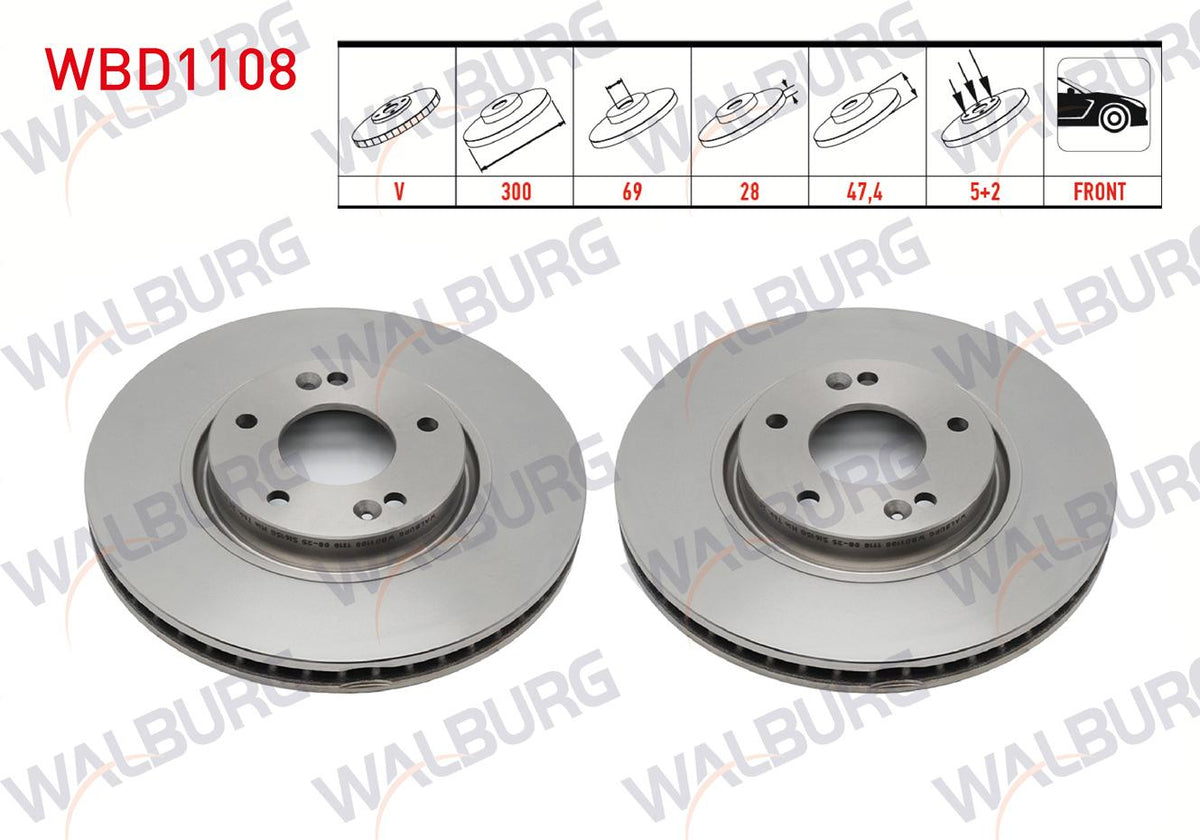 WALBURG WBD1108 Brake Disc Front Air 5 Bjn 300X28x69x47,2 Hyundai i30 1.6 GDI-1.6 CRDi 6 Gear A-T 18 Rim 2011-2017 / Kia Ceed 1.6 CRDi 2006-2012 / Sportage 2.0 CRDi 2010-/ Sportage 1.6 GDI