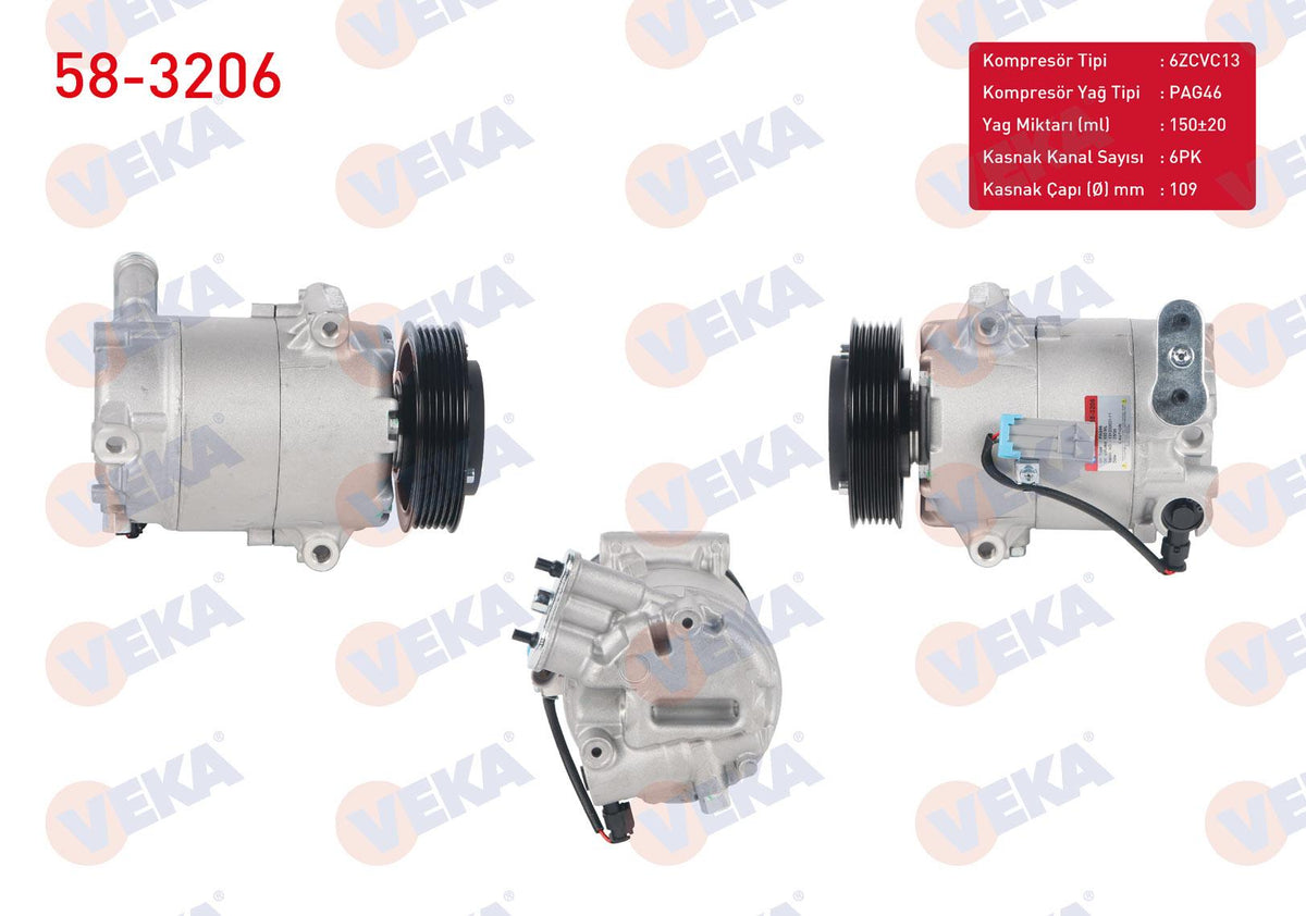 Veka 58-3206 A/C Compressor 6Pk 109mm Opel Astra J 1.3 CDTi 2009-/ Meriva B 1.3 CDTi 2010