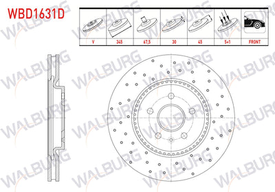 WALBURG WBD1631D Brake Disc Front Air Performance Drilled 5 Bjn 18 Rim 345X30x67,5X45 Opel Insignia B 1.6 CDTi-1.6T-2.0 4X4 GSi 2017-| Set of 2