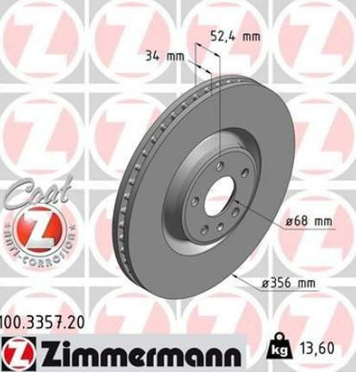 Zimmermann 100.3357.20 VW A6 A7 A8 2011 Brake Disc Front 4G0615301a — Brake Rotors & Drums