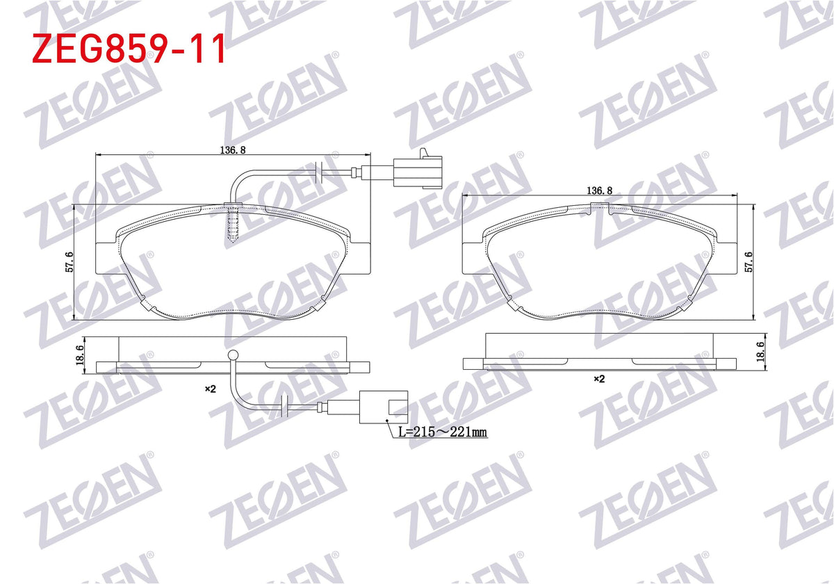 Zegen ZEG859-11 Brake Pad Front Pair with Connector Fiat Doblo 1.3 Mjt 90 Hp 2010-/ G.Punto 1.3 Mjt 2005-2012 / — Brake Pads
