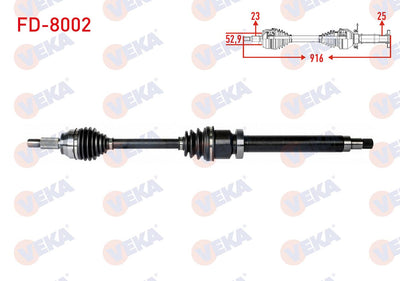 Veka FD-8002 Complete Axle Right Front Length 916mm Ford Fiesta V 1.4 TDCi M-T 01-08 / Fiesta VI 1.5 TDCi M-T 08-12 / Fiesta VII 1.5 TDCi M-T 12-/ B-Max 1.0i-1.4i M-T 12-/ Fusion 1.4 TDCi M-T 02-10