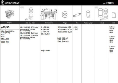 King 182550243 Piston 89.90 mm (0.50) Ford Transit V184 2.4 D 03-06 (Rıken with Piston Rings) — Pistons & Rotating