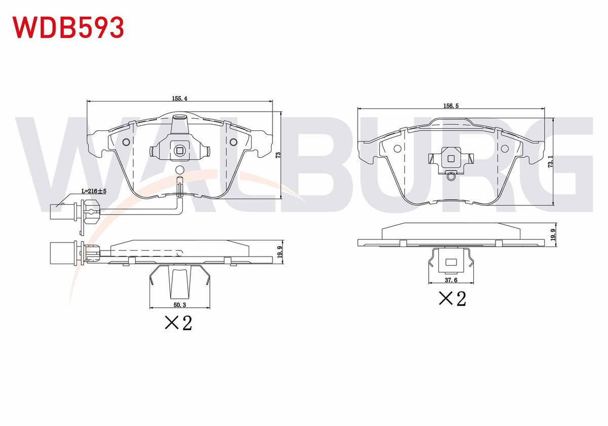 WALBURG WDB593 Brake Pad Front with Connector Audi A8 2.8 2003-2010 / A8 4.2 V8 TDI 2003-2010 / A8 3.0 TFSI 2003 — Brake Pads