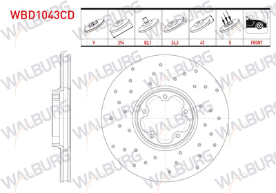 WALBURG WBD1043CD Brake Disc Front Air Coated Performance Drilled 5 Bjn 294X24,3X82,1X43 Ford Transit 2.4 TDCi Rear Wheel Drive 2000-2006 / Transit 2.0 DI 2000-2006 / Transit (V184) 2.3 16V 2