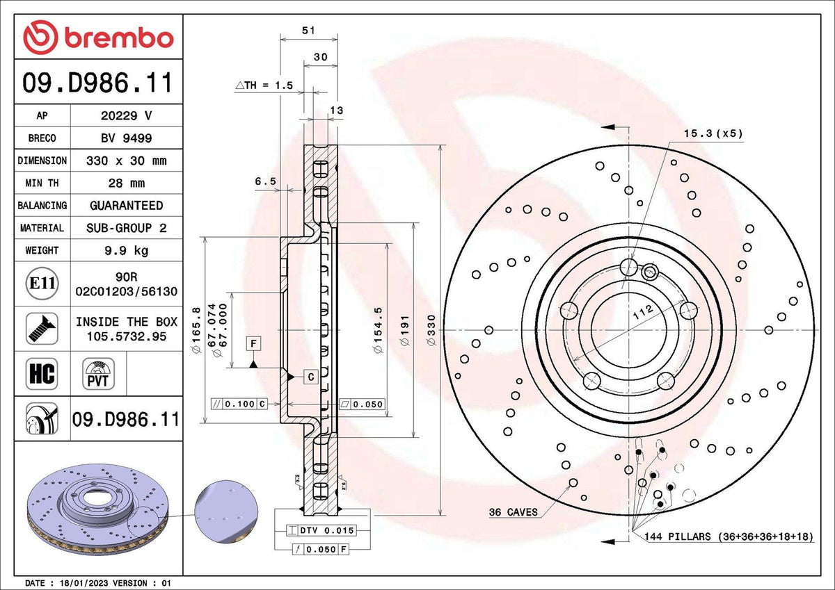 Brembo 09.D986.11 Brake Disc Front W177 W247 18-19 — Brake Rotors & Drums