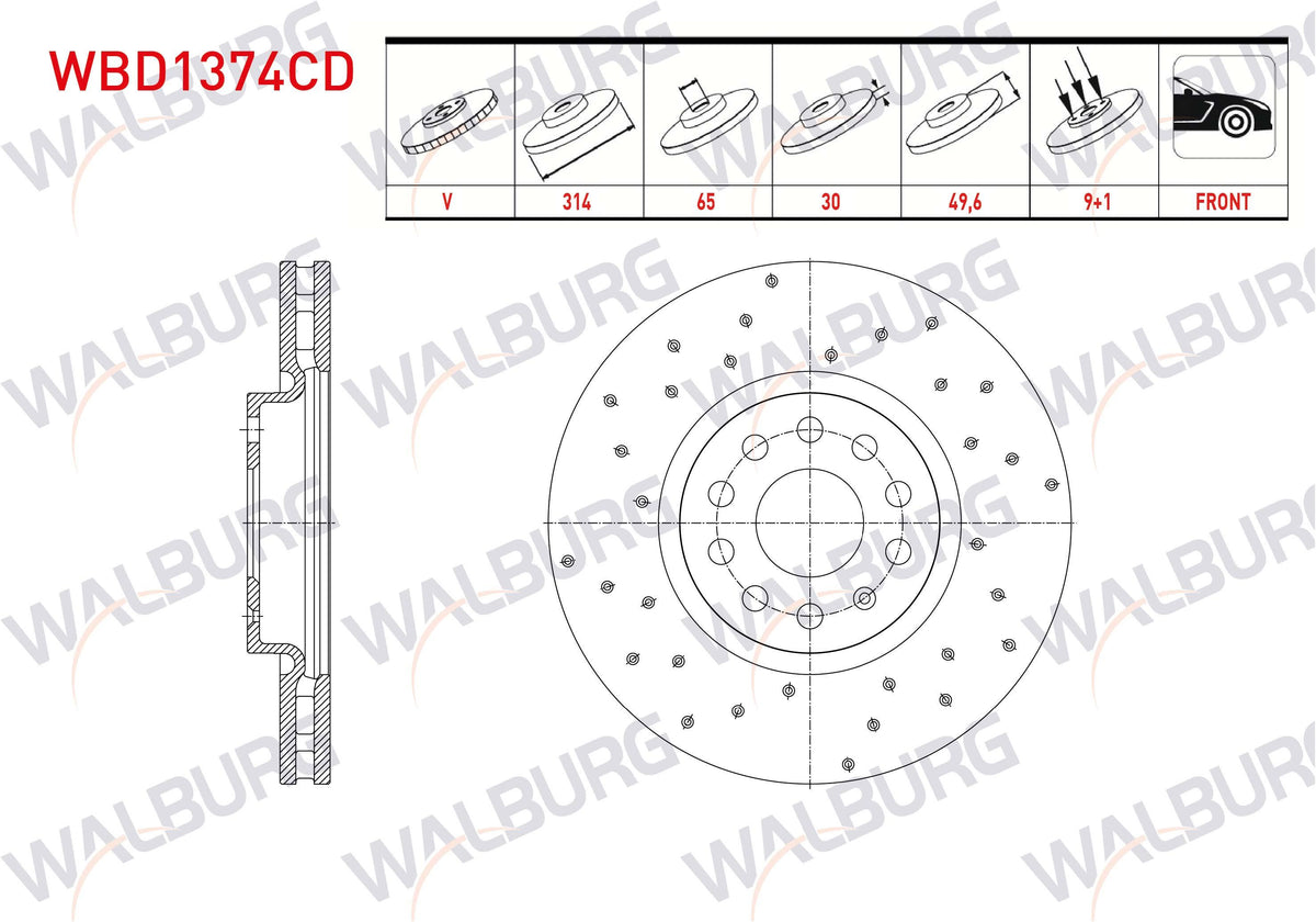 WALBURG WBD1374CD Brake Disc Front Air Coated Performance Drilled 5 Bjn 314X30x65x49 — Brake Rotors & Drums