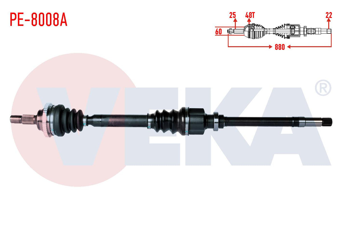 Veka PE-8008A Complete Axle Right Front Peugeot 206 (2A / C) 1.6i 16V with ABS 48 Outer Length 880 — Axles, CV Joints & Boots