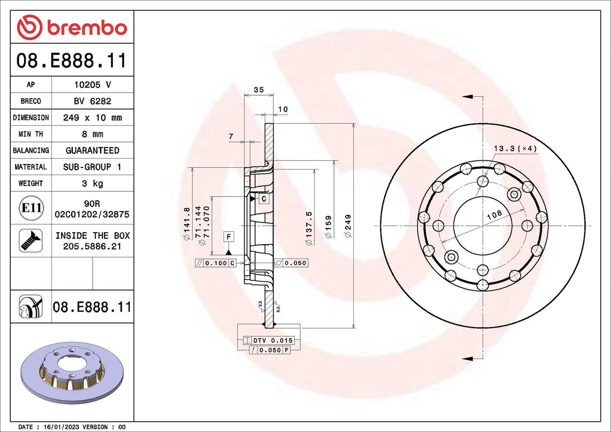 Brembo 08.E888.11 Brake Disc Rear Peugeot 208 II P21e 2008 II P24e Citroen C4 III C41corsa F 19 249Cap — Brake Rotors & Drums
