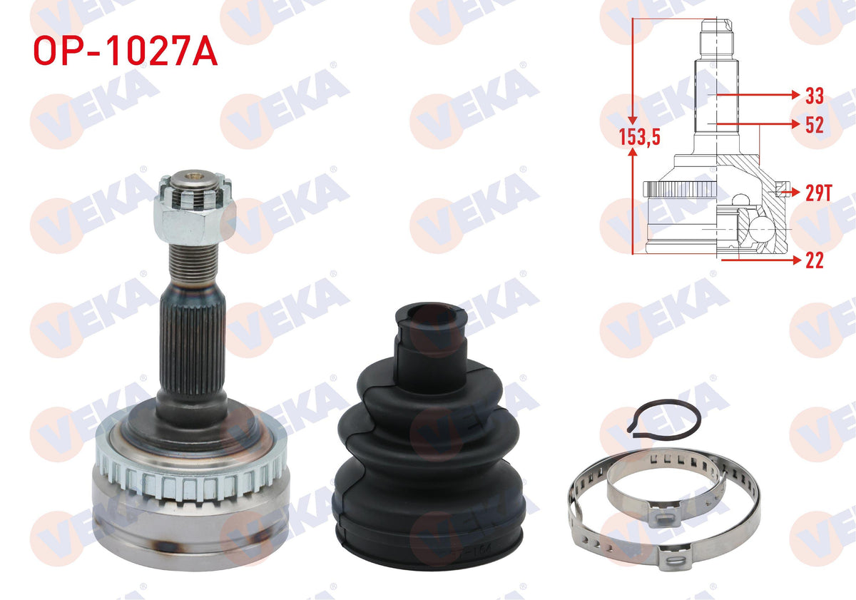 Veka OP-1027A CV Joint Left-Right Front Outer Opel Vectra B 1.6i with ABS 29 Outer 33X22x52 Length — Axles, CV Joints & Boots