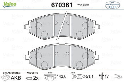 Valeo 670361 Brake Pad Chevrolet Lacetti 04 > Front Rezzo 05-10 / Daewoo Nubira 97-99 — Brake Pads