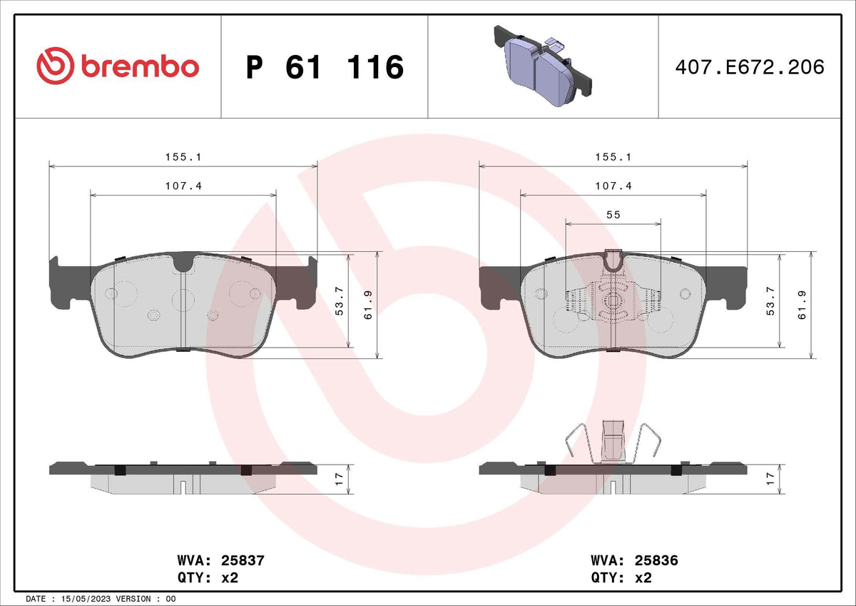 Brembo P61116 Brake Pad Front C4 Picasso II B7 1.4 VTI 1.6 HDi Blue HDi Combo Rifter 1.2 1.5 — Brake Pads