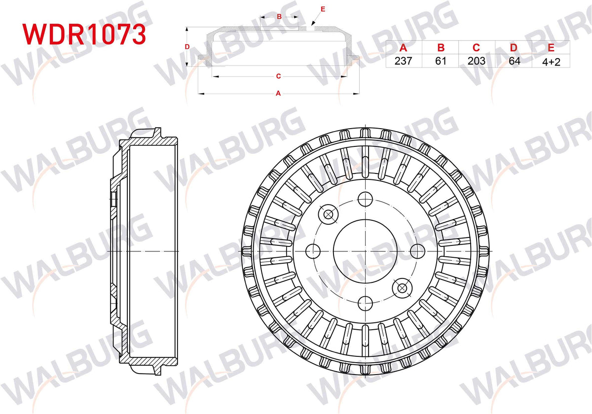 WALBURG WDR1073 Brake Drum Rear 4 Hole 237X61x203x64 Renault Clio V 1.0 TCE-Sce (B7m5 — Brake Rotors & Drums