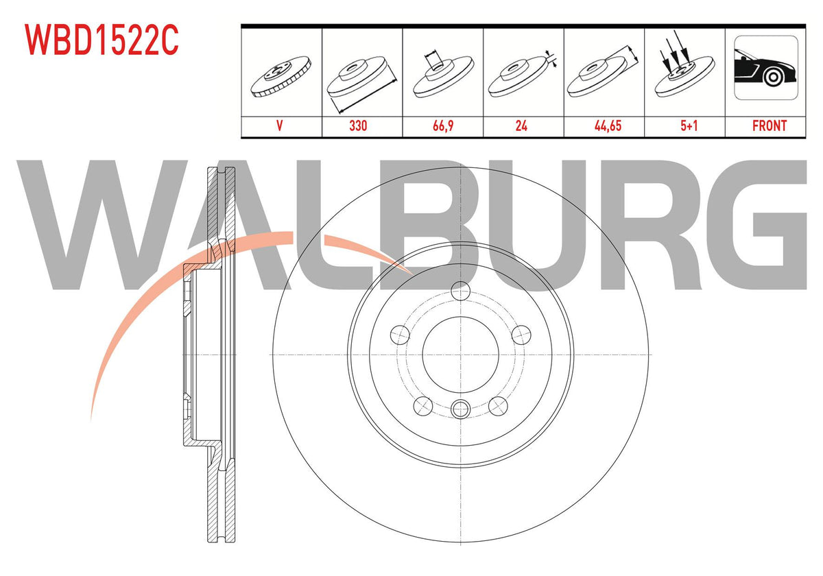 WALBURG WBD1522C Brake Disc Front Air Coated 5 Bjn 330X24x66,9X45 — Brake Rotors & Drums