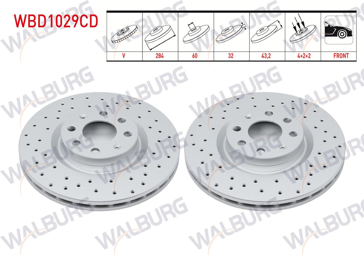 WALBURG WBD1029CD Brake Disc Front Air Coated Performance Drilled 4 Bjn 284X22x60x43,2 Fiat G.Punto 1.3 Mjt-1.9 Mjt 2005-2012 / Opel Corsa D 1.3 CDTi-1.2-1.4 2006-2014 | Set of 2