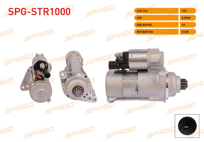 SPAGO SPG-STR1000 Starter Motor 12V 2.0Kw 12 Outer Ccw (Str3180) Transporter T5 T6-Golf VI-Jetta III IV — Starting & Charging