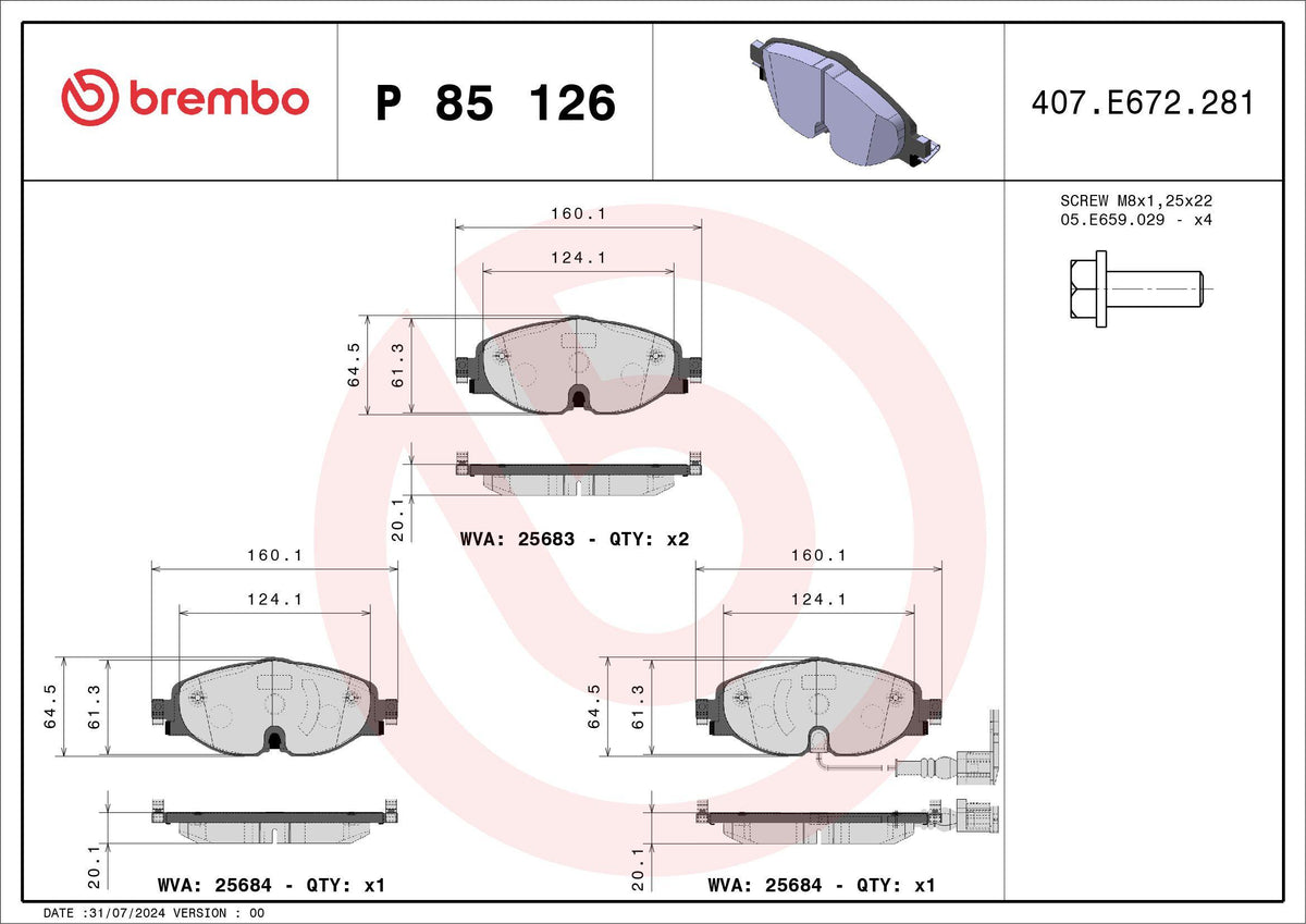 Brembo P85126 Brake Pad Front Kablolu-(VW Caddy 16-Golf 13-Audi A3 13-Seat Leon 13-Skoda Octavia 13 -) — Brake Pads