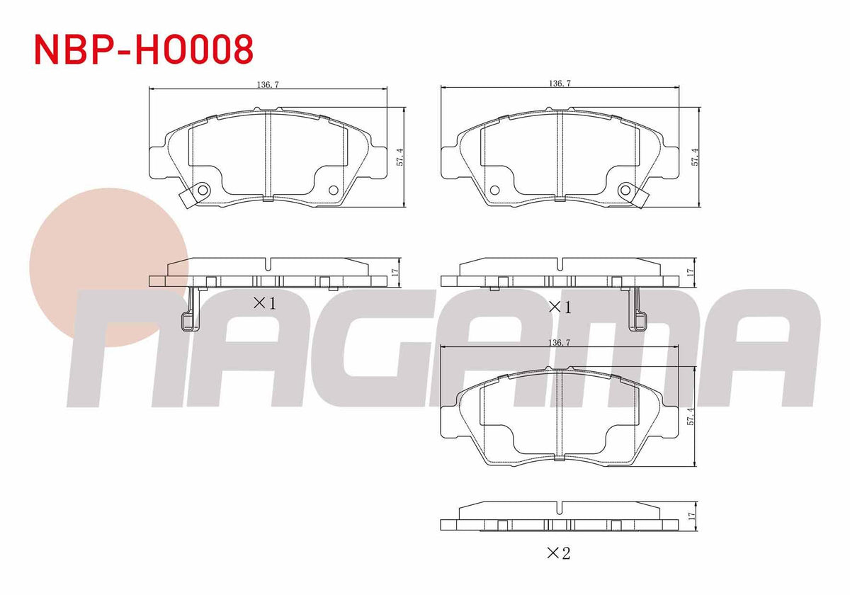 NAGAMA NBP-HO008 Brake Pad Front with Wear Indicator Honda Civic VI 1.6i 1995-2001 / Civic VI 1.5i 1995-2001 / Civic VI 1.6 I-Vtec 1995-2001