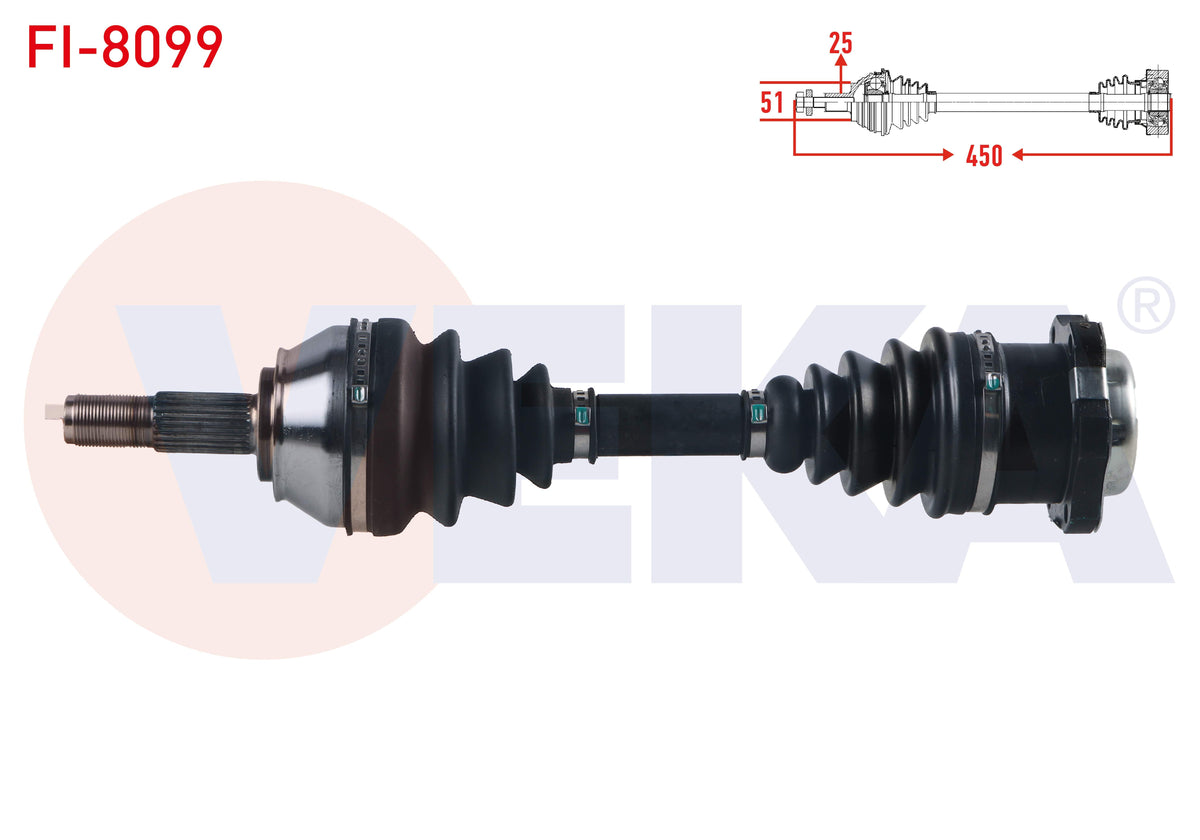 Veka FI-8099 Complete Axle Left Front Fiat Punto 1.3 JTD-1.9 JTD 5 Gear M-T Length 450mm 1999-2009 — Axles, CV Joints & Boots