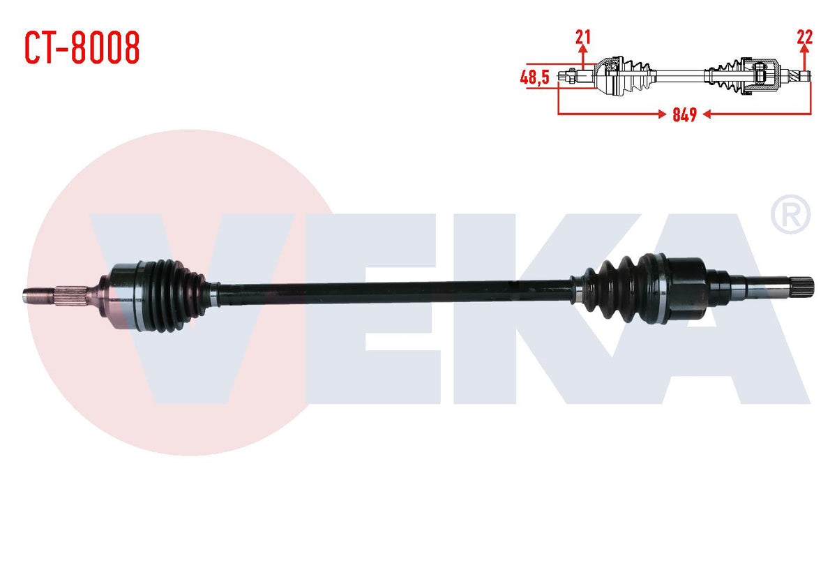 Veka CT-8008 Complete Axle Right Front Citroen C2 (Jm) 1.4 HDi Ma68 Transmission Length 849mm 2003 — Axles, CV Joints & Boots