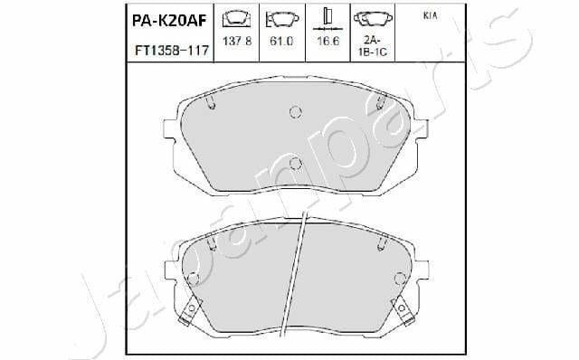 front brake pad set for kia sportage and tucson, technical specifications of brake pads, installing brake pads in vehicle Japan Parts Kia Sportage & Tucson Front Brake Pads - High-Quality Disc Brake Set for Car Owners & Mechanics | 137.8 mm Length Kia Sportage & Tucson Front Brake Pads kia-sportage, kia-tucson, front-brake-pads, disc-brakes, car-parts, braking-systems, japan-parts, car-owners, mechanics, ai-generated