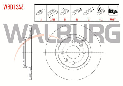 WALBURG WBD1346 Brake Disc Front Straight 4 Bjn 258,8X12x61x41 Dacia Logan (Ls) 1.5 dCi 2004-2012 / Lo — Brake Rotors & Drums