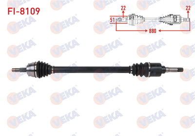 Veka FI-8109 Complete Axle Right Front Length 880mm (Thick Shaft) Fiat Fiorino 1.4i M-T 2007-/ Cit — Axles, CV Joints & Boots