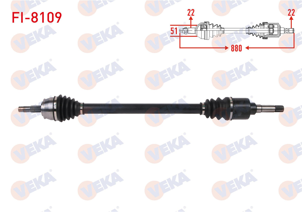 Veka FI-8109 Complete Axle Right Front Length 880mm (Thick Shaft) Fiat Fiorino 1.4i M-T 2007-/ Cit — Axles, CV Joints & Boots