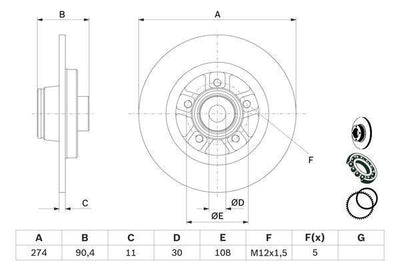 Bosch 0986479015 Rear Brake Disc Set with Bearing 274 mm, ABS with Ring Kangoo II/III, Citan Set — Brake Rotors & Drums