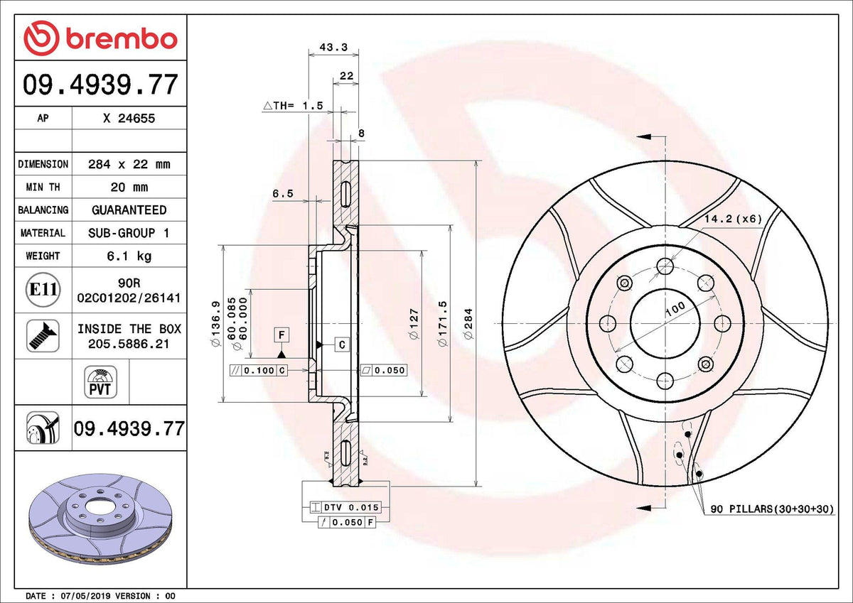 Brembo 09.4939.77 Brake Disc Front Air (Fiat Grande Punto 1.4T 1.3 JTD 1.9 JTD Opel Corsa D 1.3 CDTi) — Brake Rotors & Drums