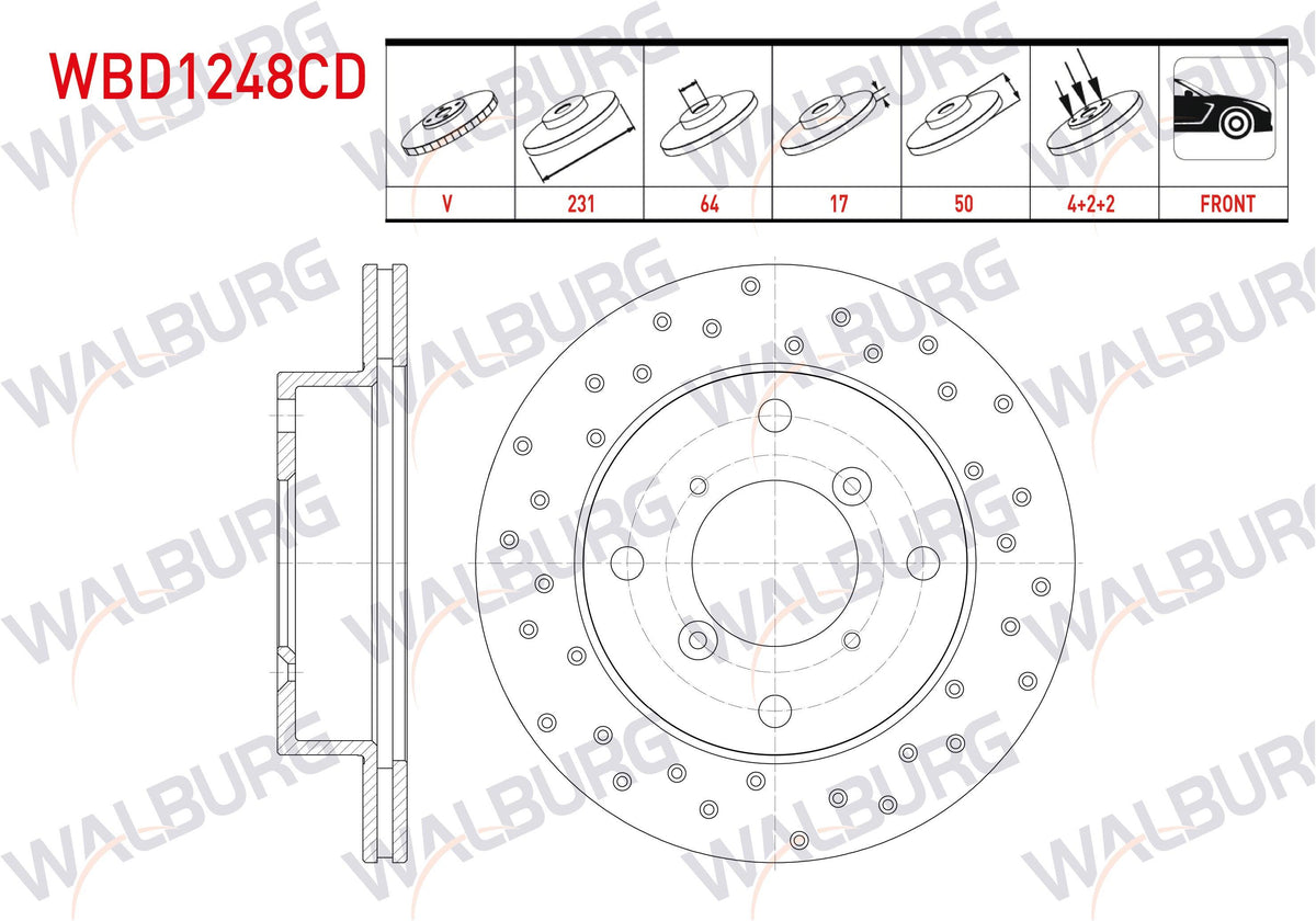 WALBURG WBD1248CD Brake Disc Front Air Coated Performance Drilled 4 Bjn 231,3X17x64x50 Suzuki Swift II (Ea,Ma) 1.3i 1989-2004 / Alto III (Ef) 1.0 1994-2002 | Set of 2