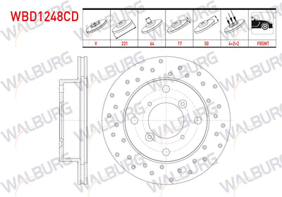WALBURG WBD1248CD Brake Disc Front Air Coated Performance Drilled 4 Bjn 231,3X17x64x50 Suzuki Swift II (Ea,Ma) 1.3i 1989-2004 / Alto III (Ef) 1.0 1994-2002 | Set of 2