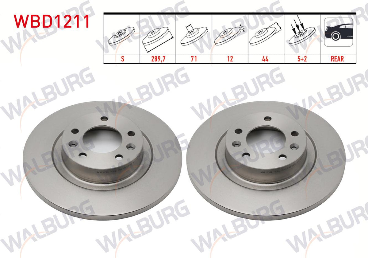 WALBURG WBD1211 Brake Disc Rear Straight 5 Bjn 289,7X12x71x44 508 1.6 2010-/ 508 1.6 E-HDi 2010-/ 508 — Brake Rotors & Drums