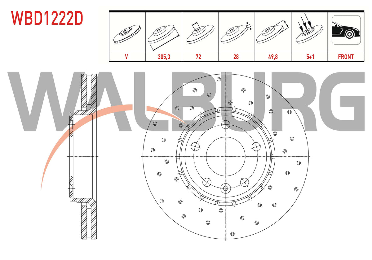 WALBURG WBD1222D Brake Disc Front Air Performance Drilled 5 Bjn 305,3X28x72x49 — Brake Rotors & Drums