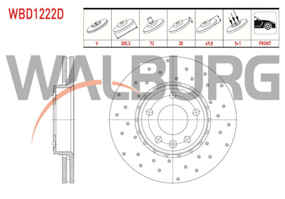 WALBURG WBD1222D Brake Disc Front Air Performance Drilled 5 Bjn 305,3X28x72x49 — Brake Rotors & Drums