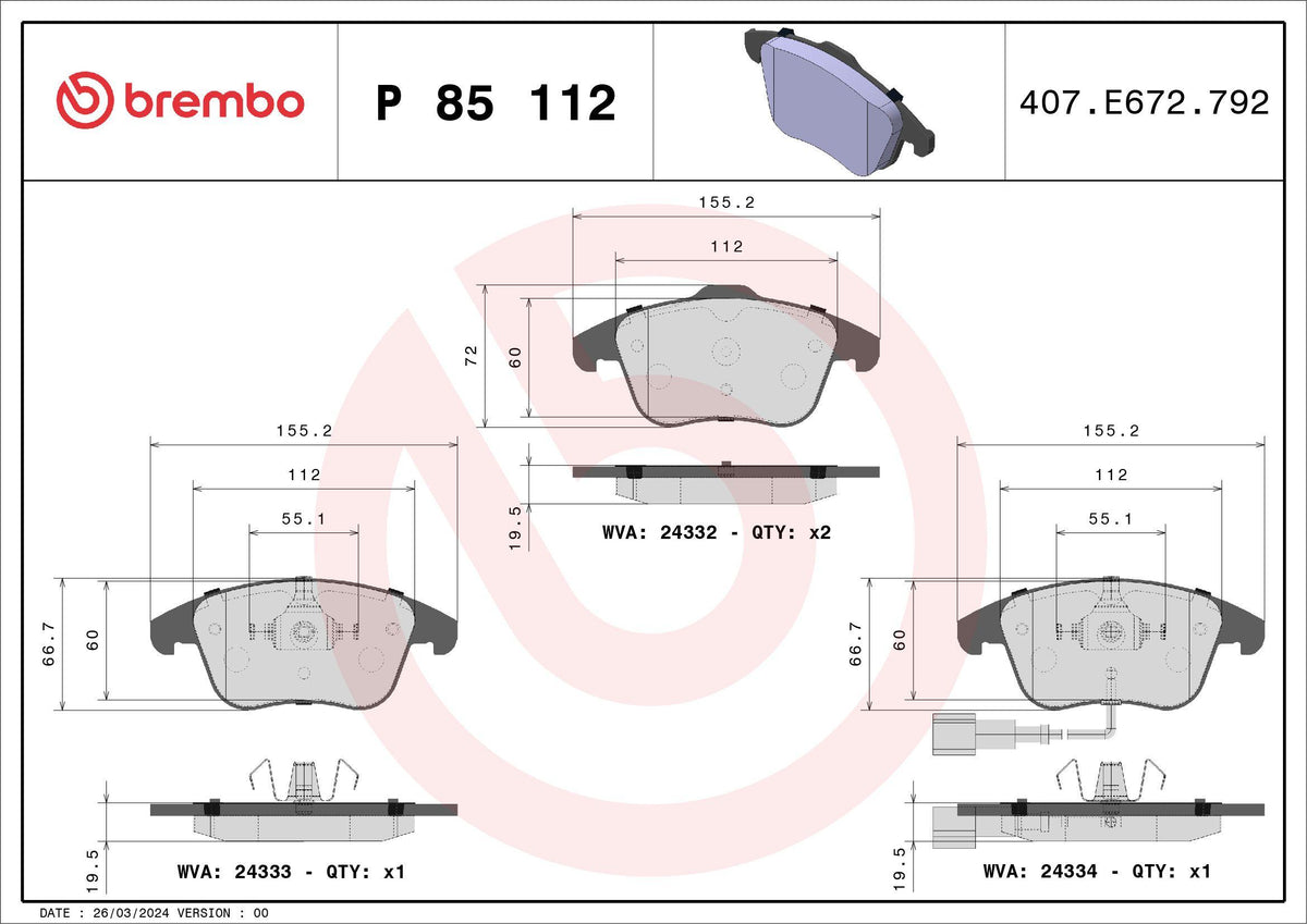 Brembo P85112 Brake Pad Front Kablolu (VW Passat 13-15 Tiguan 08-18 Audi Q3 12-18) — Brake Pads