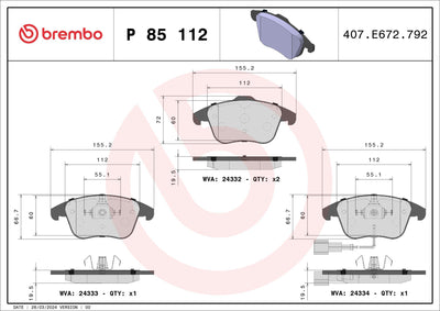 Brembo P85112 Brake Pad Front Kablolu (VW Passat 13-15 Tiguan 08-18 Audi Q3 12-18) — Brake Pads