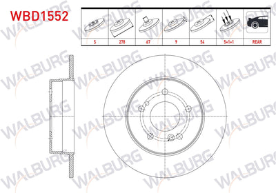 WALBURG WBD1552 Brake Disc Rear Straight Mercedes C Series (W203) C 200 CDI 5 Bjn 278X9x67x54 2000-200 — Brake Rotors & Drums