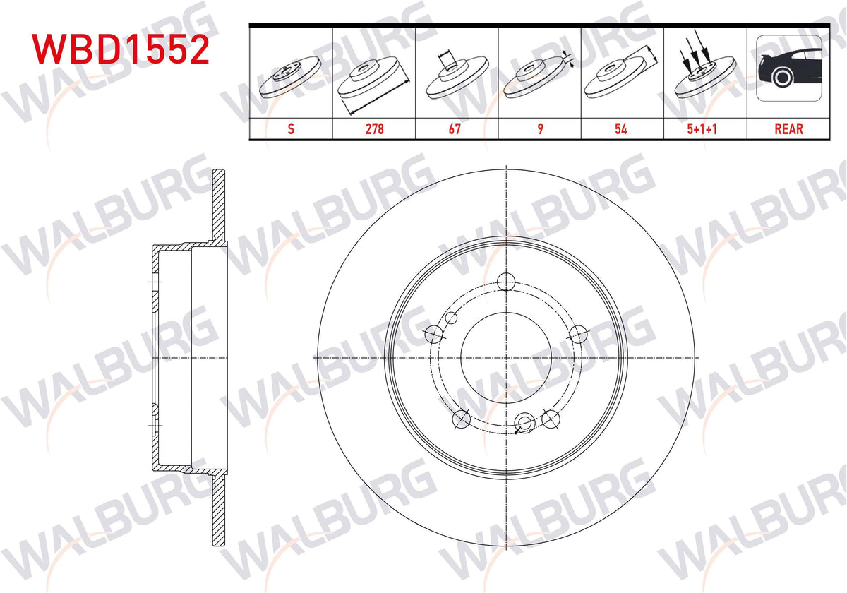 WALBURG WBD1552 Brake Disc Rear Straight Mercedes C Series (W203) C 200 CDI 5 Bjn 278X9x67x54 2000-200 — Brake Rotors & Drums