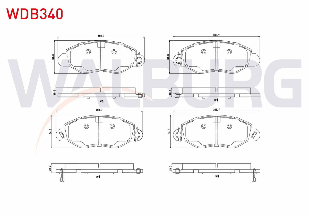 WALBURG WDB340 Brake Pad Front with Wear Indicator Ford Transit (V184) Front Wheel Drive 2.0 TDCi-2.3 16V-2.4 DI — Brake Pads