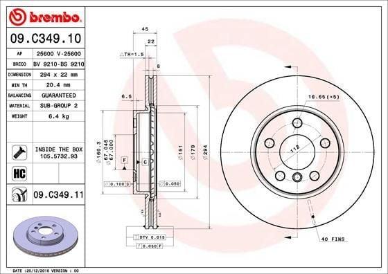 BREMBO Front Brake Disc 09.C349.11 - Compatible with BMW 2F45-F46-X1 X2 F39 Mini F54-F55-F56-F57-F60 — Brake Rotors & Drums