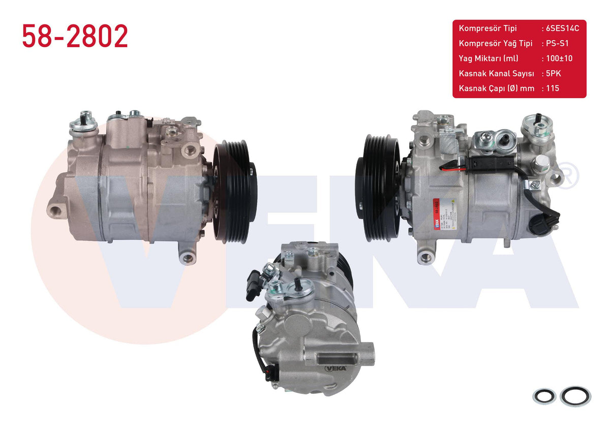 Veka 58-2802 A/C Compressor 5Pk 115mm Mercedes A Series (W176) A 180-A 180 CDI-A 200-A 200 CDI 12-/ B Series (W246) B 160-B 1