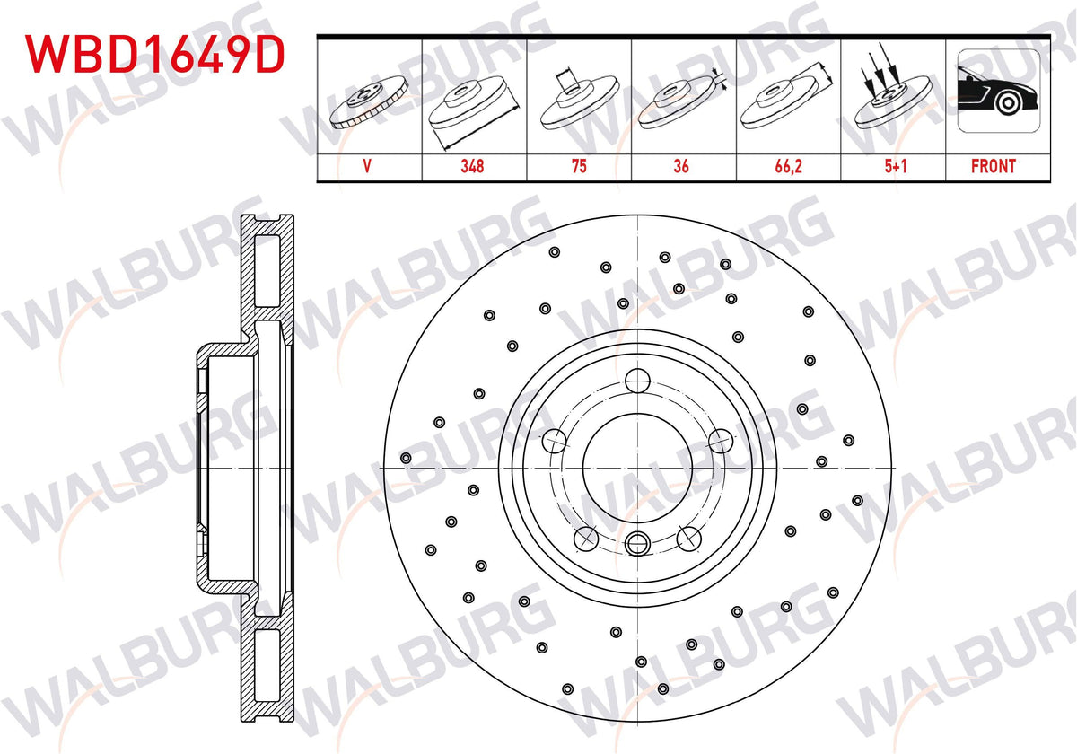 WALBURG WBD1649D Brake Disc Front Left Air Performance Drilled 5 Bjn 348X36x75x66 — Brake Rotors & Drums