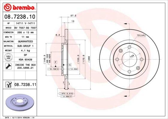 Brembo 08.7238.10 Brake Disc Front Straight 266mm Peugeot Partner 301 Berlingo C2 C3 1.2-1.6 HDi 02 — Brake Rotors & Drums