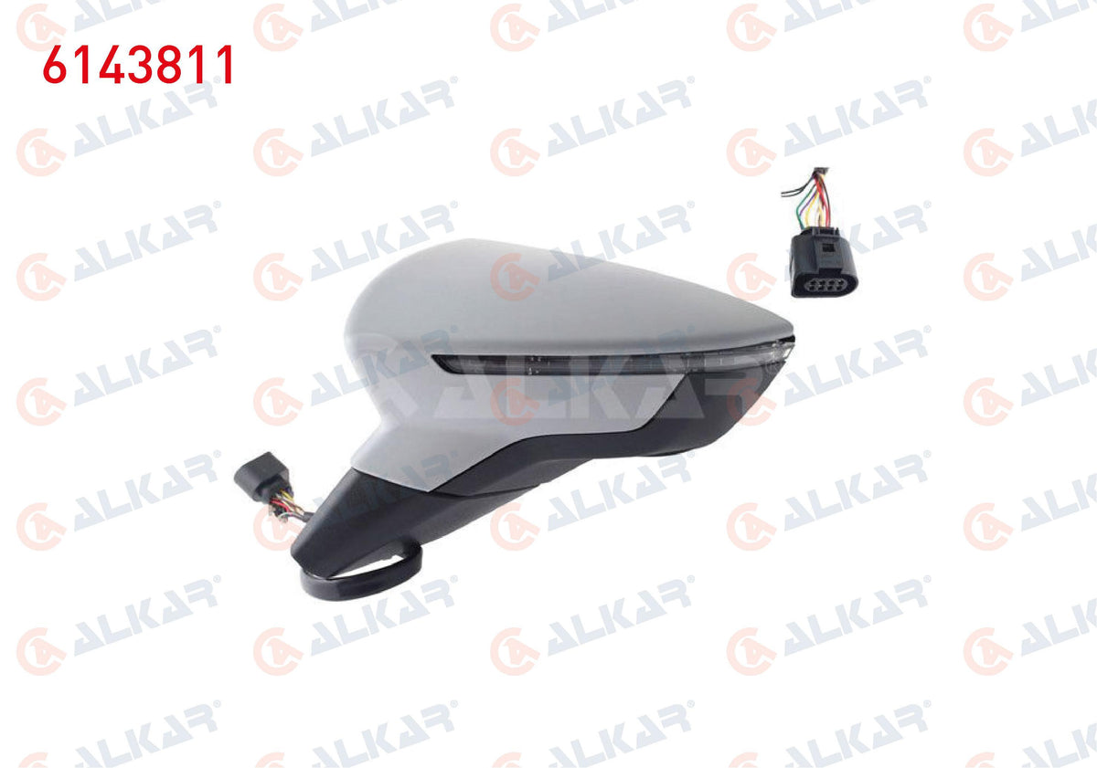 Alkar 6143811 Outer Rear View Mirror Left Electric Heated Primed with Turn Signal 6 Pin Seat Ibiz — Tail, Signal & Reflectors