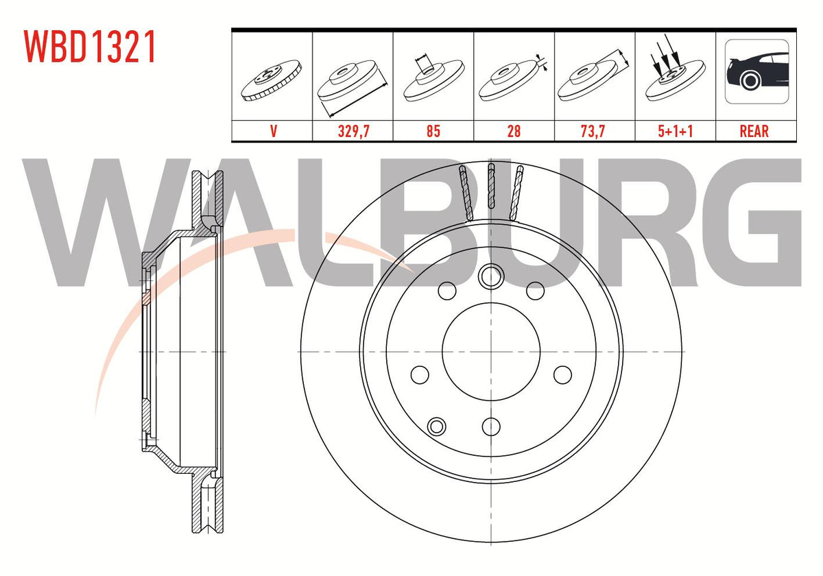WALBURG WBD1321 Brake Disc Rear Air 5 Bjn 17 Rim 330X28x85x73,5 Touareg 3.0 TDI V6 2010-/ Touareg 3.6 V6 FSI-5.0 V10 TDI 2002-2010 / Q7 3.0 V12 TDI-4.2 FSI- TDI-3.0 TFSI 2006-2015 / Caye