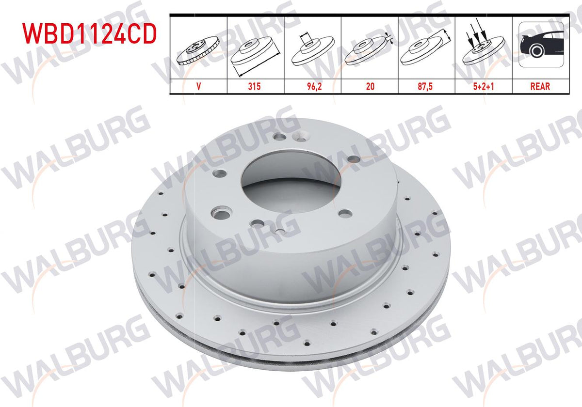 WALBURG WBD1124CD Brake Disc Rear Air Coated Performance Drilled 5 Bjn315x20x96,2X87,5 Kia Sorento I (Jc) 2.5 CRDi 2002-2009 | Set of 2