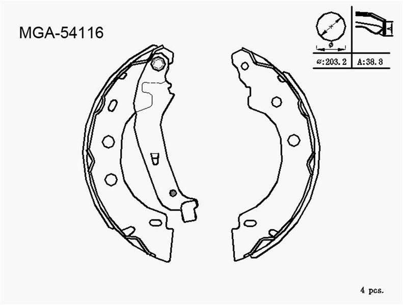 MGA 54116 Brake Drum Brake Pad with Lever 38,5mm (Renault: Kangoo Kc0 / 1 Fc0 / 1 98-08) Small Type — Brake Pads