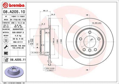 Brembo 08.A205.10 Rear Brake Disc BMW E81 E87 E90 E91 E92 04-14 Set of 2 — Brake Rotors & Drums