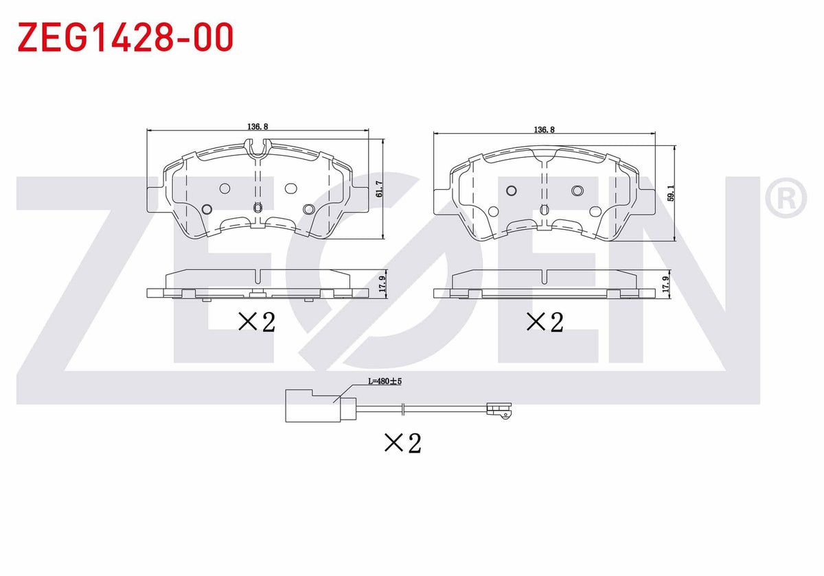 Zegen ZEG1428-00 Brake Pad Rear with Connector Ford Transit Custom (V362) 2.2 TDCi 2012-(Pair Wheel)